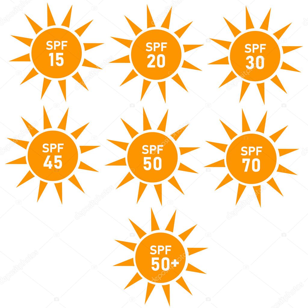 Sun protection sign. flat style. set of SPF sun protection icons on white background. SPF sun protection symbol.