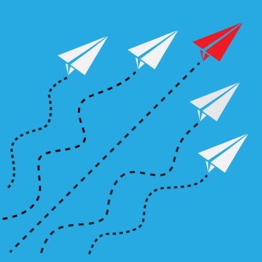 Mavi arka planda tek yönlü kağıt uçak. Kırmızı kağıt uçak beyaz tabelanın arasında. Düz stil. Liderlik ve başarı kavramı. yaratıcı fikir. logoyu başlat.