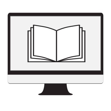 Beyaz arkaplanda bir kitap simgesi. Düz stil. Monitör, kitap, çevrimiçi işaret. çevrimiçi aktarma sembolü.
