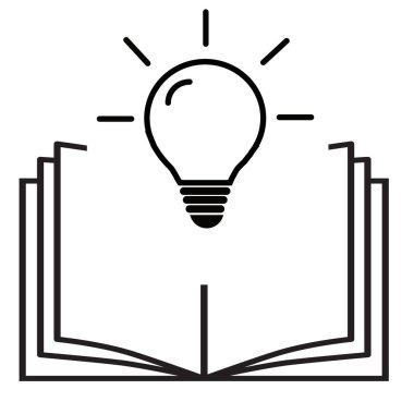 Beyaz arkaplanda ampul simgesi olan açık bir kitap. konsept yeni bilgi. Düz stil. açık kitap ve ampul sembolün üzerinde belirir.