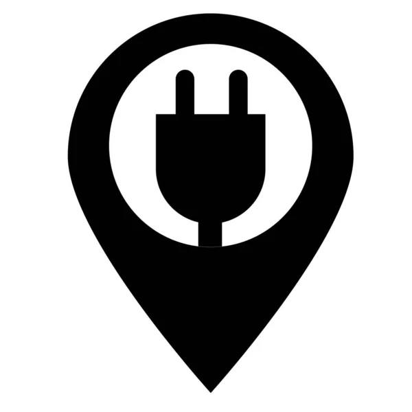 电动车充电站地图图标白色背景 充电器指针标志 电源插头和地图指针标志 充电站标志 扁平风格 — 图库矢量图片
