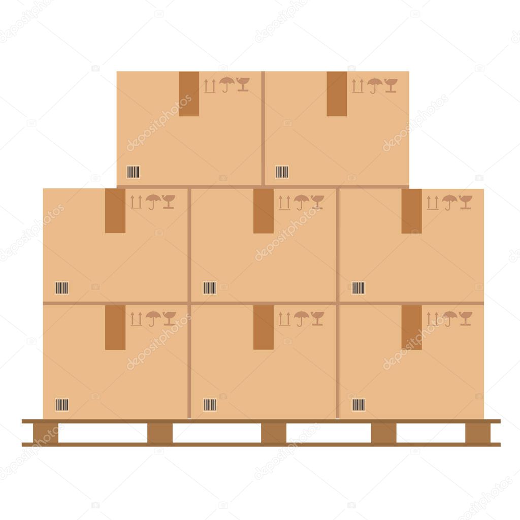 packaging cargo logo. cardboard boxes with fragile signs and barcode on wooded pallet. 