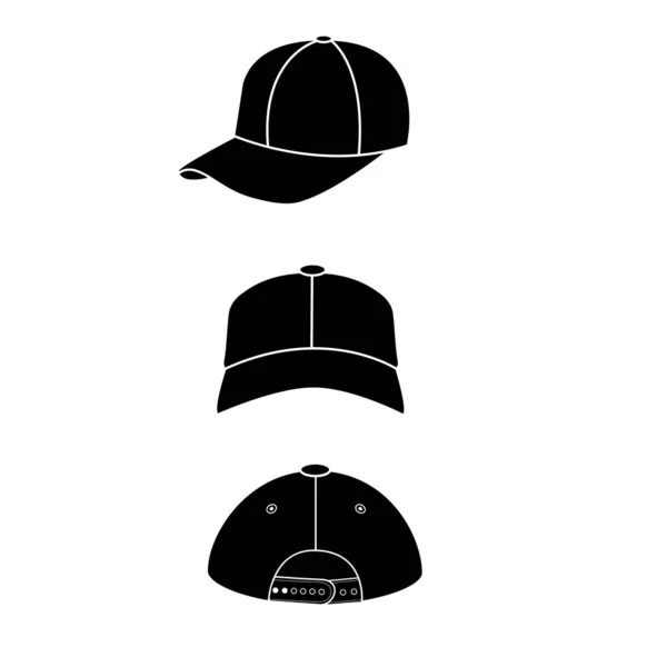 现实的后正面和侧面看白色棒球帽 棒球帽黑色模板 运动帽标志 扁平风格 — 图库矢量图片