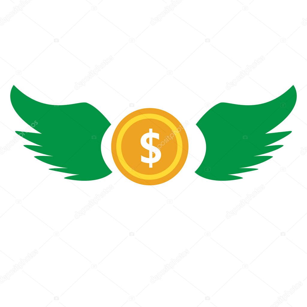 flying dollar coin icon on white background. dollar coin with wings symbol. flying dollar sign. flat style.