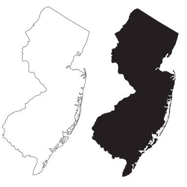 Beyaz arka planda New Jersey haritası. New Jersey eyalet tabelası. New Jersey 'in ana hatları. düz biçim.