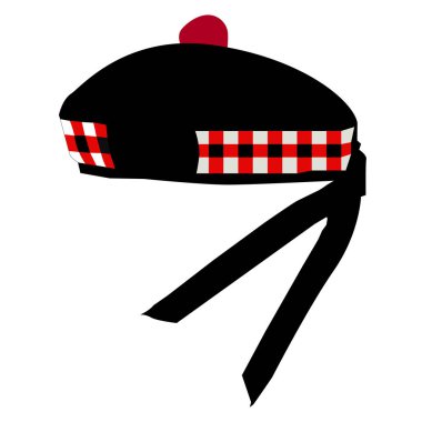 Glengarry başlık ikonu. İskoç geleneksel giyim tabelası. Yan görüş glengarry sembolü. düz biçim.