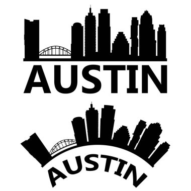 Austin Texas silueti. Austin USA Ufuk Çizgisi işareti. Peyzaj Şehri Tasarımı. düz biçim.