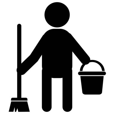 Hizmetli simgesi. Temizlik ve hijyen tabelası için kova ve süpürge. Hizmetli sembolü. düz biçim.