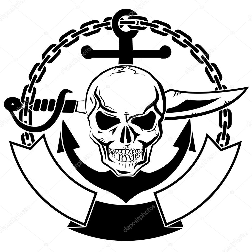 Pirate logo, vector emblem sign. Black and white style. Isolated Jolly Roger.