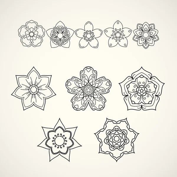 Collection of design elements. Black flower icons isolated on wh — Stock Vector