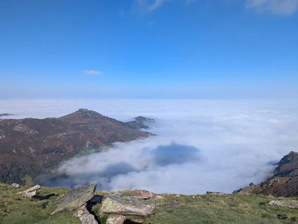 Fransız Bask Bölgesi 'nde Artzamendi' nin zirvesinden panoramik manzara, mavi gökyüzünün altında engin beyaz bir sis denizinden yükselen sonbahar dağları.