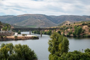 Douro Nehri 'ni geçen Barca dAlva demiryolu köprüsü, Portekiz' de parçalı bulutlu bir gökyüzünün altında, Uluslararası Douro Vadisi 'nin kurak ve ormanlık yamaçları tarafından çerçevelenmiştir.