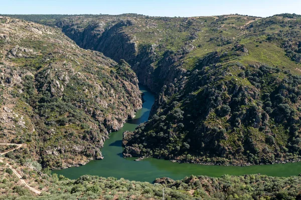 Picote 'deki Douro uçurumları. Miranda do Douro' daki Douro Uluslararası Doğal Parkı 'nın granit manzarası ve derin bir vadi.