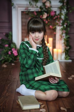 Şömine, mumlar ve gül ile dekore edilmiş oda kitaplarda kızla