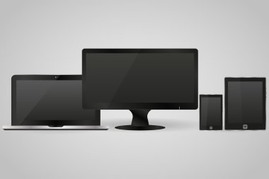 Siyah dizüstü bilgisayar, monitör, smartphone ve gerçekçi tarzda tablet
