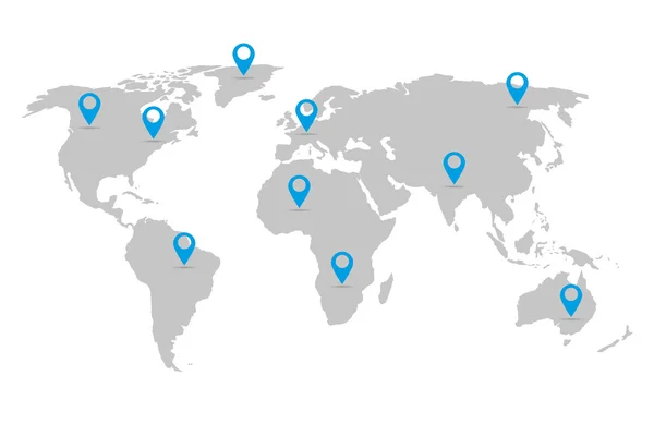 İşaretçileri olan beyaz bir arka planda gri Dünya Haritası — Stok Vektör