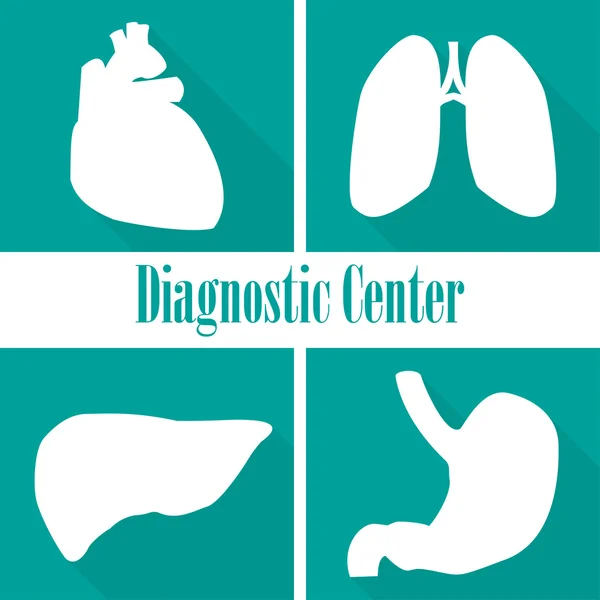 Centros de diagnóstico de iconos en un diseño plano. Corazón, pulmones, hígado, estómago — Archivo Imágenes Vectoriales