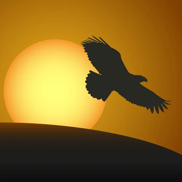 Puesta de sol con una silueta de un águila. Ilustración vectorial — Vector de stock