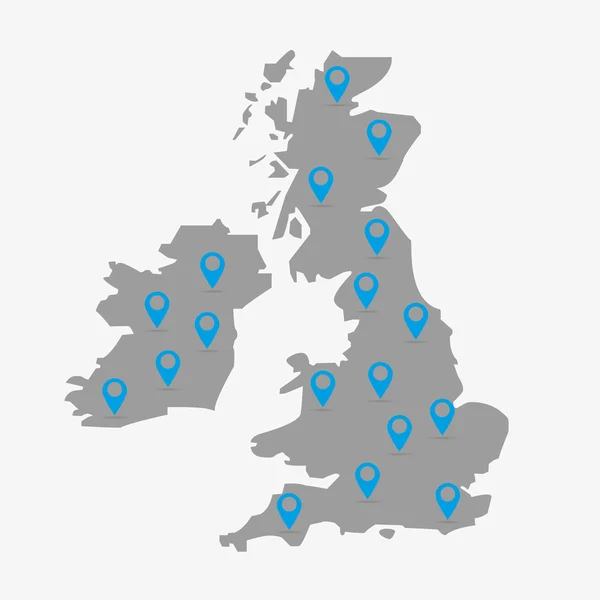 Карта Великої Британії-сірого кольору на білому фоні з маркерами — стоковий вектор