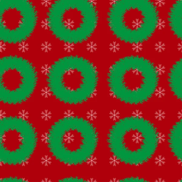 Naadloze patroon met Kerst kransen en sneeuwvlokken op een rode achtergrond — Stockvector
