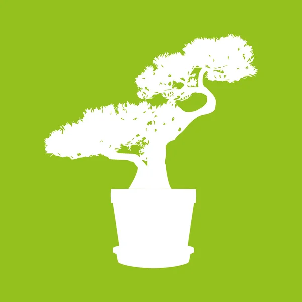 緑の背景に白の bonsai の木のシルエット — ストックベクタ