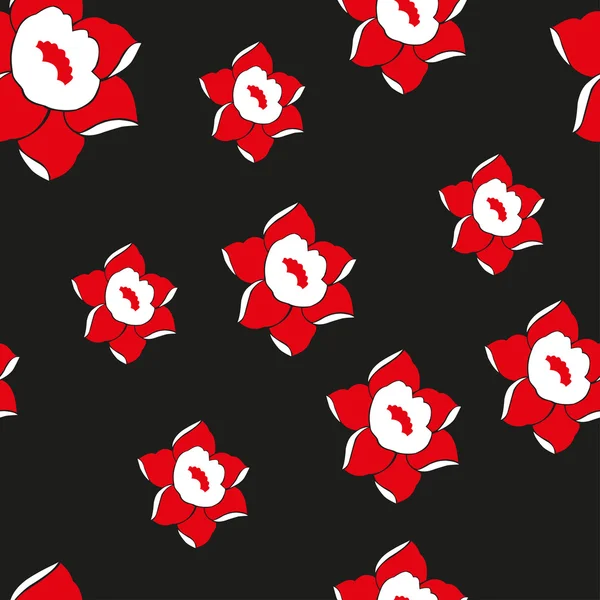 黒の背景に赤い花をつけたシームレスなパターン — ストックベクタ