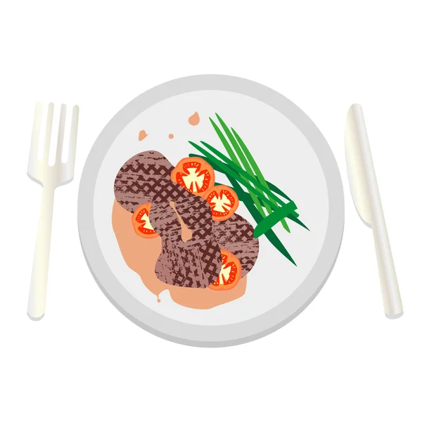 Medaillons van kalfsvlees met saus en tomaten op een witte plaat — Stockvector