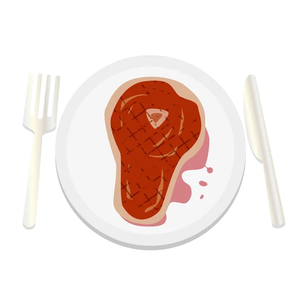Steak auf weißem Teller mit Gabel und Messer — Stockvektor