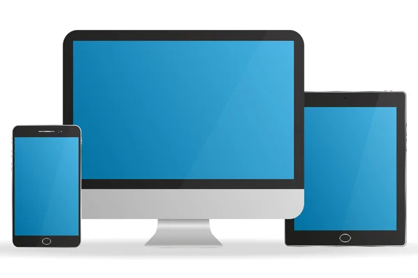 Ställa in realistiska monitor, tablett och smartphone med blå skärmar — Stock vektor