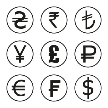 Dünya para birimleri simgeler kümesi. Dolar, euro, sterlin, Frank, rupi, yen