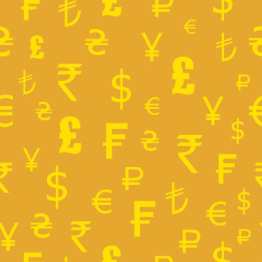 Dünya para birimleri simgeler kümesi. Seamless modeli. Dolar, euro, sterlin, Frank, rupi, yen