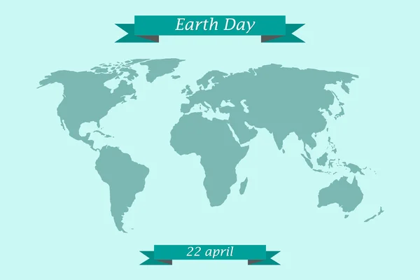 Día de la Tierra 22 de abril. Mapa del mundo con cintas de felicitación — Archivo Imágenes Vectoriales