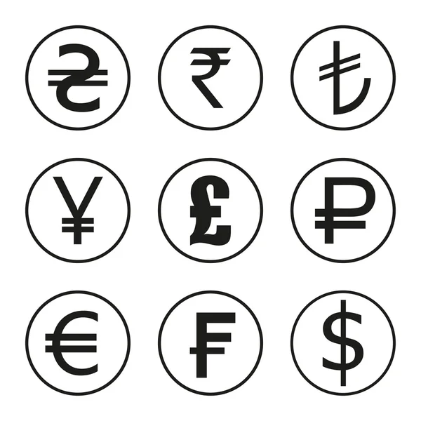 Iconos conjunto de monedas del mundo. Dólar, euro, libras, francos, rupias, yen — Archivo Imágenes Vectoriales