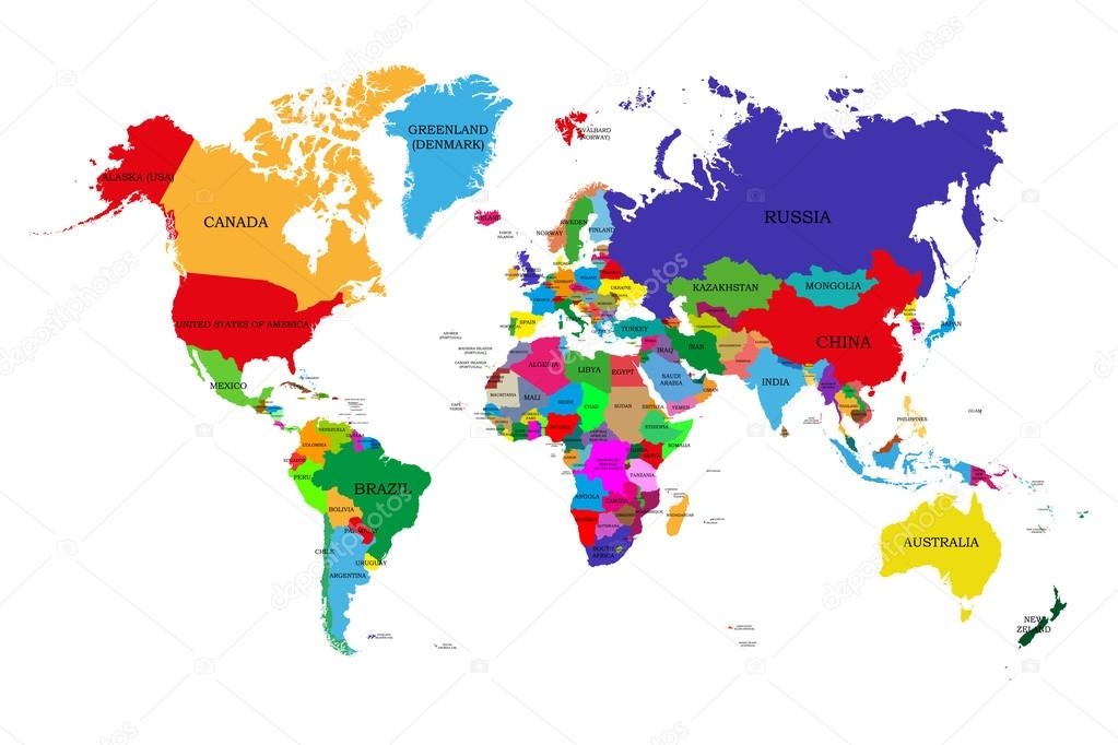 Gekleurde politieke wereldkaart met namen van soevereine landen en