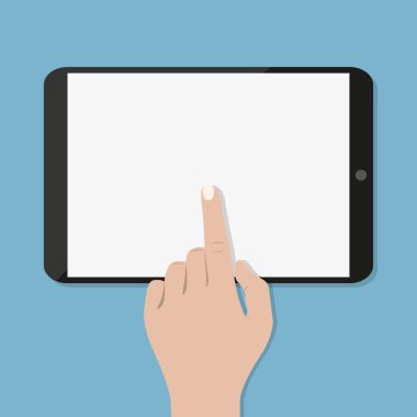 Yeşil gölgeler ile mavi siyah tablet bilgisayar ekranını dokunmadan el. Vektör çizim düz tasarım