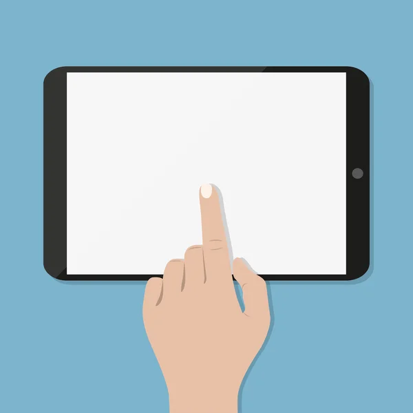 Hand touching screen of black tablet computer on green blue with shadows. Vector illustration in flat design — Stock Vector