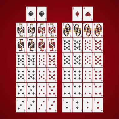 Poker kartları tam dört renk klasik tasarım kırmızı bir arka plan üzerinde ayarlayın.