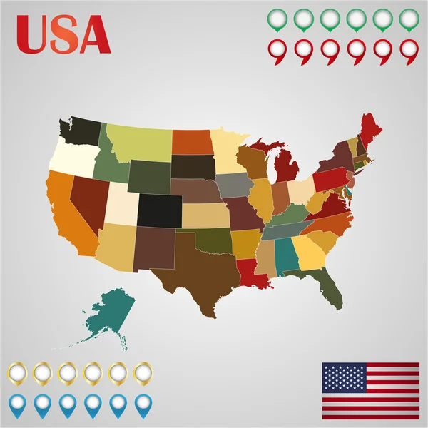 Carte des États-Unis avec États séparés, drapeau et géo — Image vectorielle