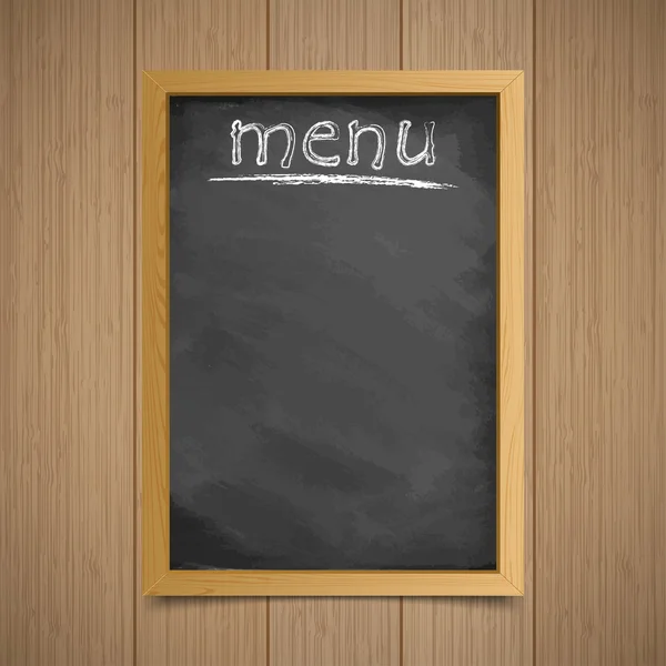 Au menu. Cadre en bois avec une inscription à la craie sur un fond en bois — Image vectorielle