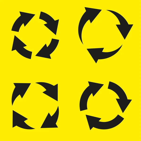 Set di frecce circolari nere su sfondo giallo — Vettoriale Stock