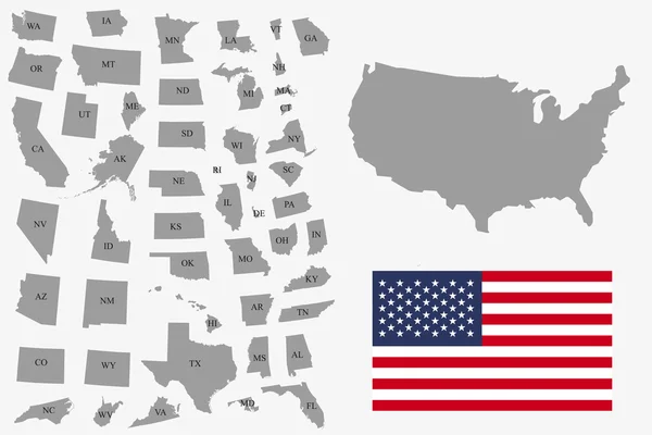 Serie di Stati Uniti grigi su sfondo bianco - illustrazione vettoriale. Semplice mappa piatta - Stati Uniti. Bandiera USA, mappa generale e tutti gli stati individualmente . — Vettoriale Stock