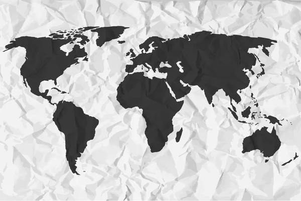Mapa del mundo en negro sobre un papel arrugado de fondo — Vector de stock
