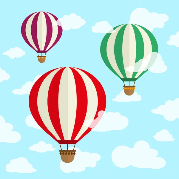 Projeto liso, balão de ar quente no céu com fundo de nuvem — Vetor de Stock