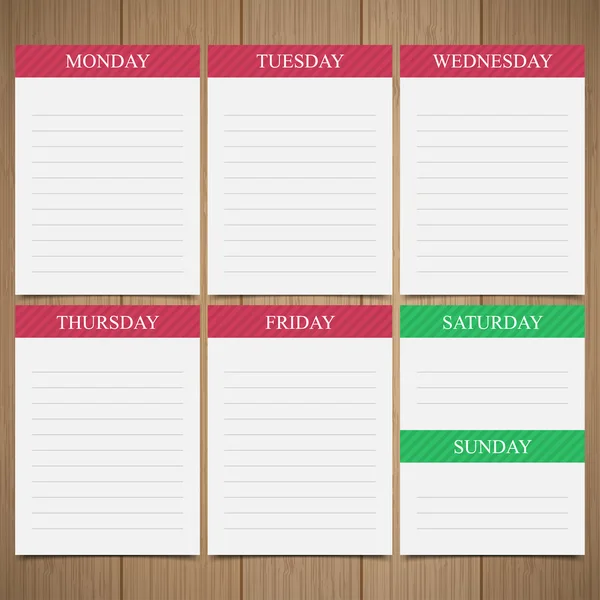 Ahşap arka plan üzerinde kağıt notlardaki haftalık planlayıcısı — Stok Vektör