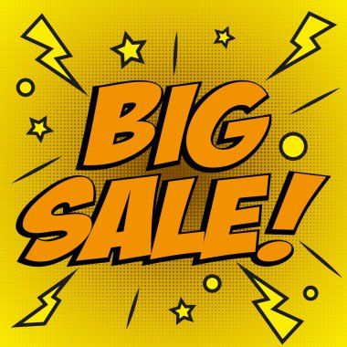 Vector colorful pop art illustration with big sale discount promotion. Decorative template with halftone background and stars explosion in modern comics style