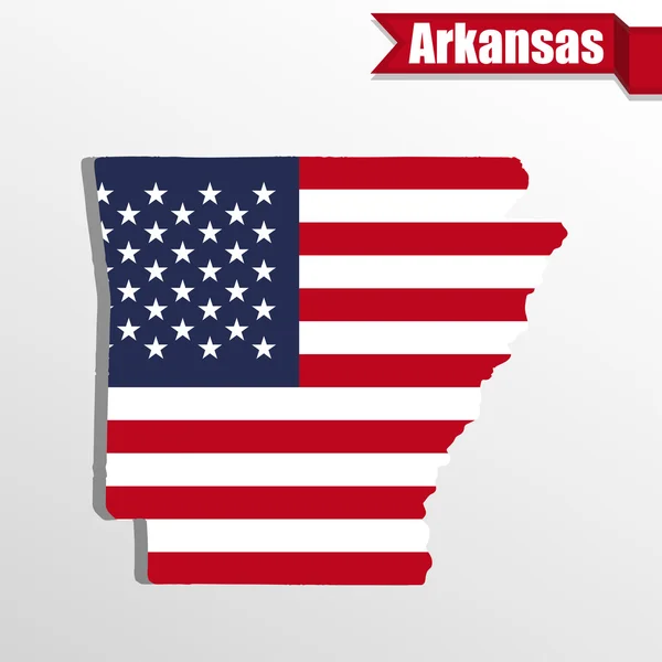 Mapa státu Arkansas s námi vlajka uvnitř a stuha — Stockový vektor