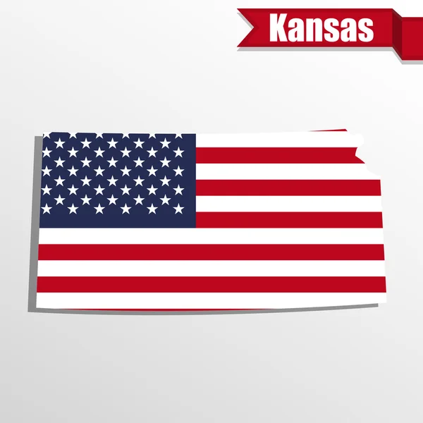 Mapa del estado de Kansas con bandera estadounidense dentro y cinta — Vector de stock