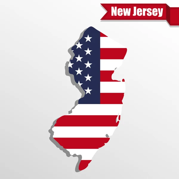 New Jersey State map with US flag inside and ribbon — Stock Vector