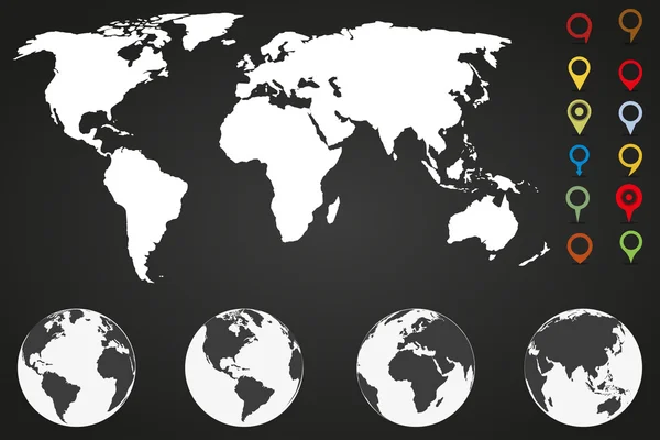 Weltkarte-Infografik-Vorlage mit verschiedenen Markierungen und vier Globus-Symbolen von verschiedenen Seiten — Stockvektor