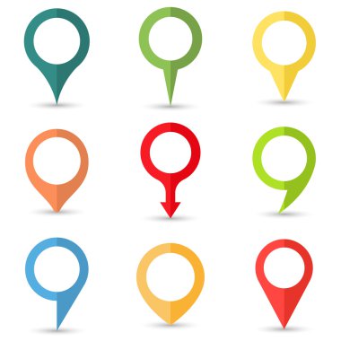 Gölgeler ile harita işaretçi kümesi. Vektör çizim